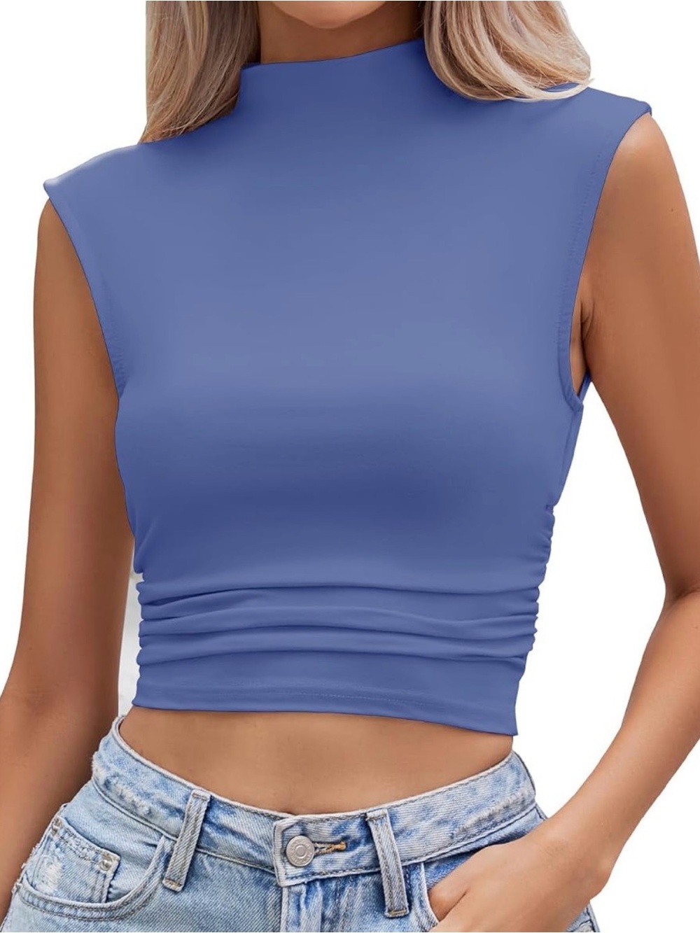 Sleeveless Mock Neck Tank Top in Periwinkle Blue